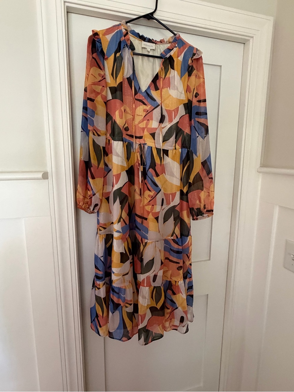 Sugarlips Multicolor Abstract Blue, Yellow & Pink Long-Sleeve Tiered Dress
